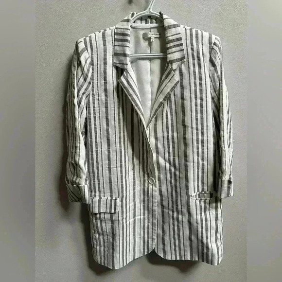 Lavender Brown White & Grey Striped Linen Lightweight Blazer Coastal Cozy - Picture 1 of 12